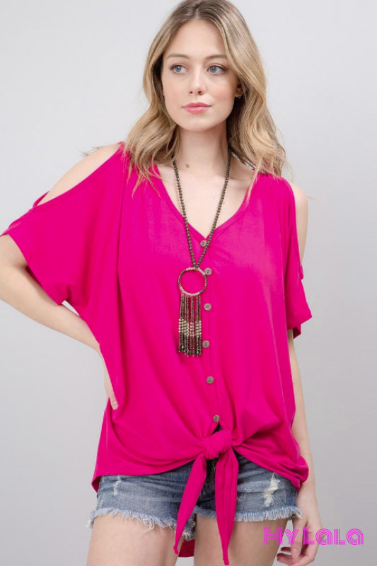 Christy Cold Shoulder Button Up Dolman (Fuchsia) - My Lala Leggings