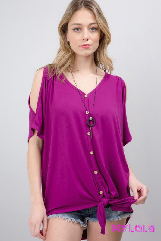Christy Cold Shoulder Button Up Dolman (Orchid) - My Lala Leggings