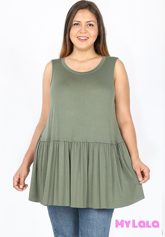 Curvy Renee Ruffle Bottom Sleeveless (Lt Olive) - My Lala Leggings