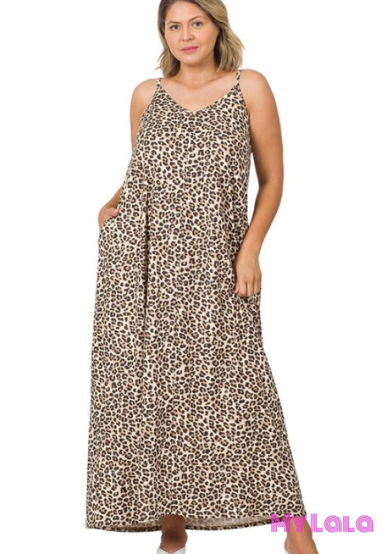 1 9024 Dress - Curvy Leopard V Neck Cami Maxi (Brown)