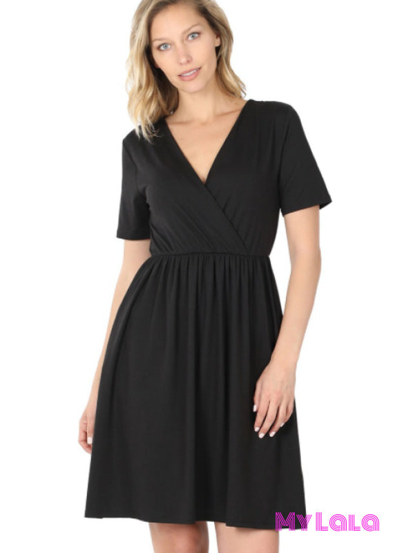 Dress - Short Sleeve Surplice (Black)