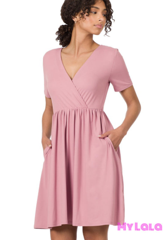 Dress - Short Sleeve Surplice (Lt Rose)