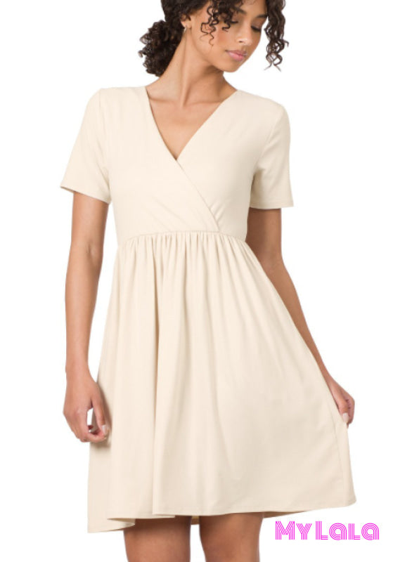 Dress - Short Sleeve Surplice (Sand Beige)