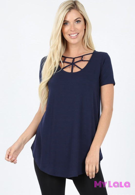 Lily Lattice Short Sleeve (Navy) - My Lala Leggings