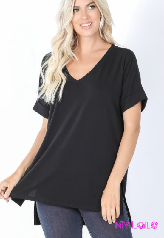 Rolled Sleeve Slit Side Hi-Low (Black) - My Lala Leggings