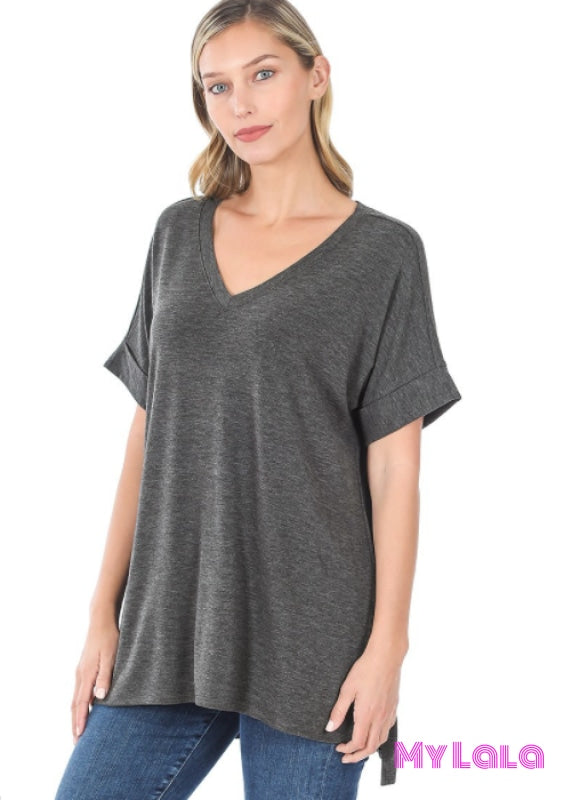 1 1629 Rolled Sleeve Slit Side Hi-Low (Charcoal) - My Lala Leggings