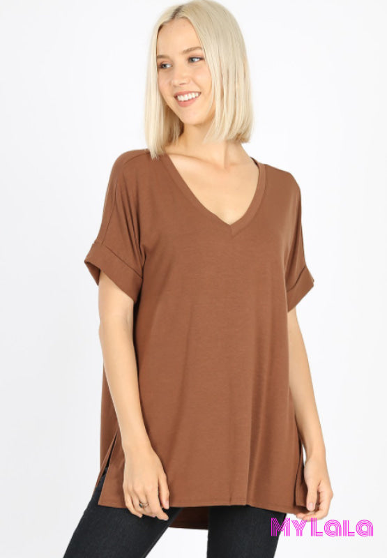 Rolled Sleeve Slit Side Hi-Low (Lt Brown) - My Lala Leggings