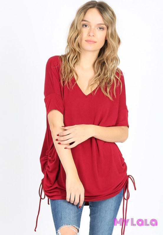 Rosemary Ruched V Neck (Cabernet) - My Lala Leggings