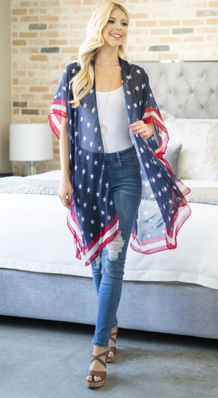 USA ACCENT KNEE LENGTH OPEN FRONT KIMONO - My Lala Leggings