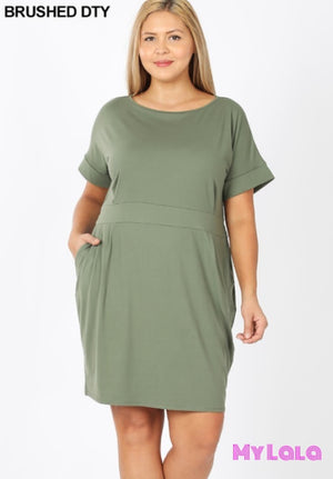 Dress - Curvy Belted Bow Pocketed (Lt Olive) - My Lala Leggings