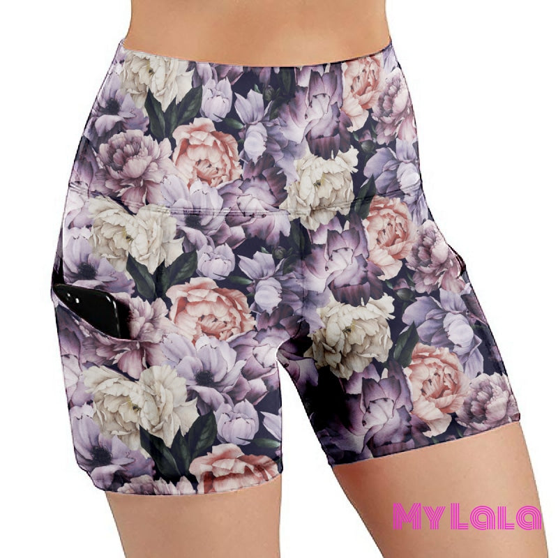 WHITE AND PURPLE FLOWER (Extra Curvy 24-32) Pocketed Shorts - My Lala Leggings